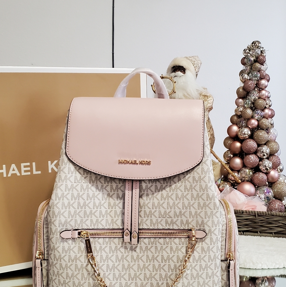 New Michael Kors Large Chain Backpack Vanilla & Pink - Picture 2 of 9